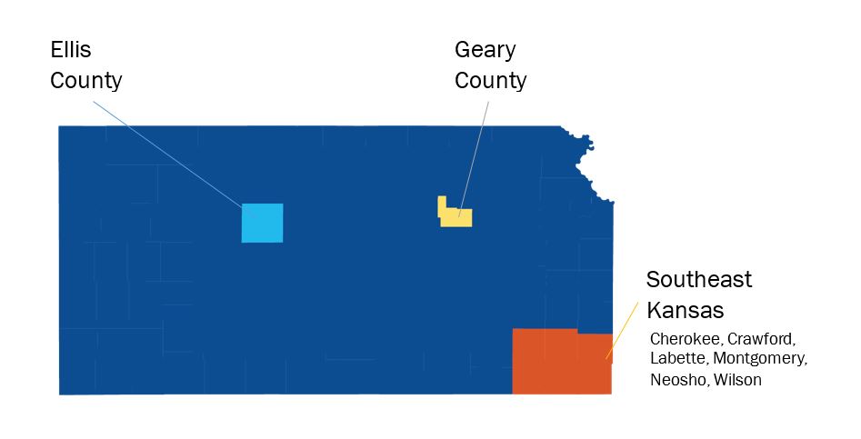 Ellis County, Geary County, Southeast Kansas (Cherokee, Crawford, Labette, Montgomery, Neosho and Wilson Counties).